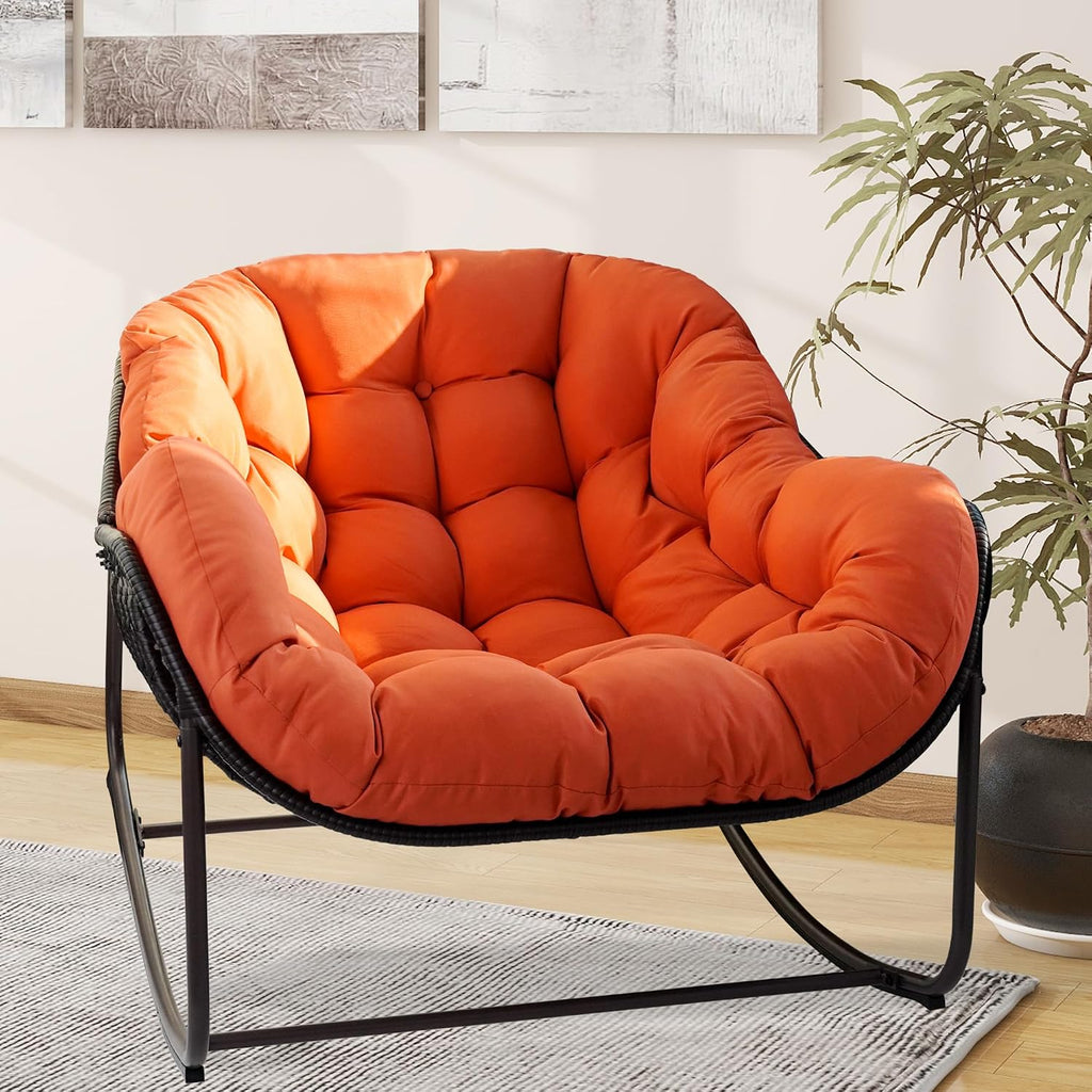 Papasan Rocking Chair, Oversized Papasan Chair with Cushion and Frame for Indoor& Outdoor, Deep Seat Egg-Shaped Rocker Chair for Garden, Deck, Living Room, Red