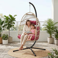 Foldable Hanging Egg Chair with Stand, HDPE Rattan and Heavy Duty Aluminum-Steel Frame, Outdoor Patio Wicker Swing Egg Chair with Headrest and Cushion, 350 Lbs Capacity, Rose Red