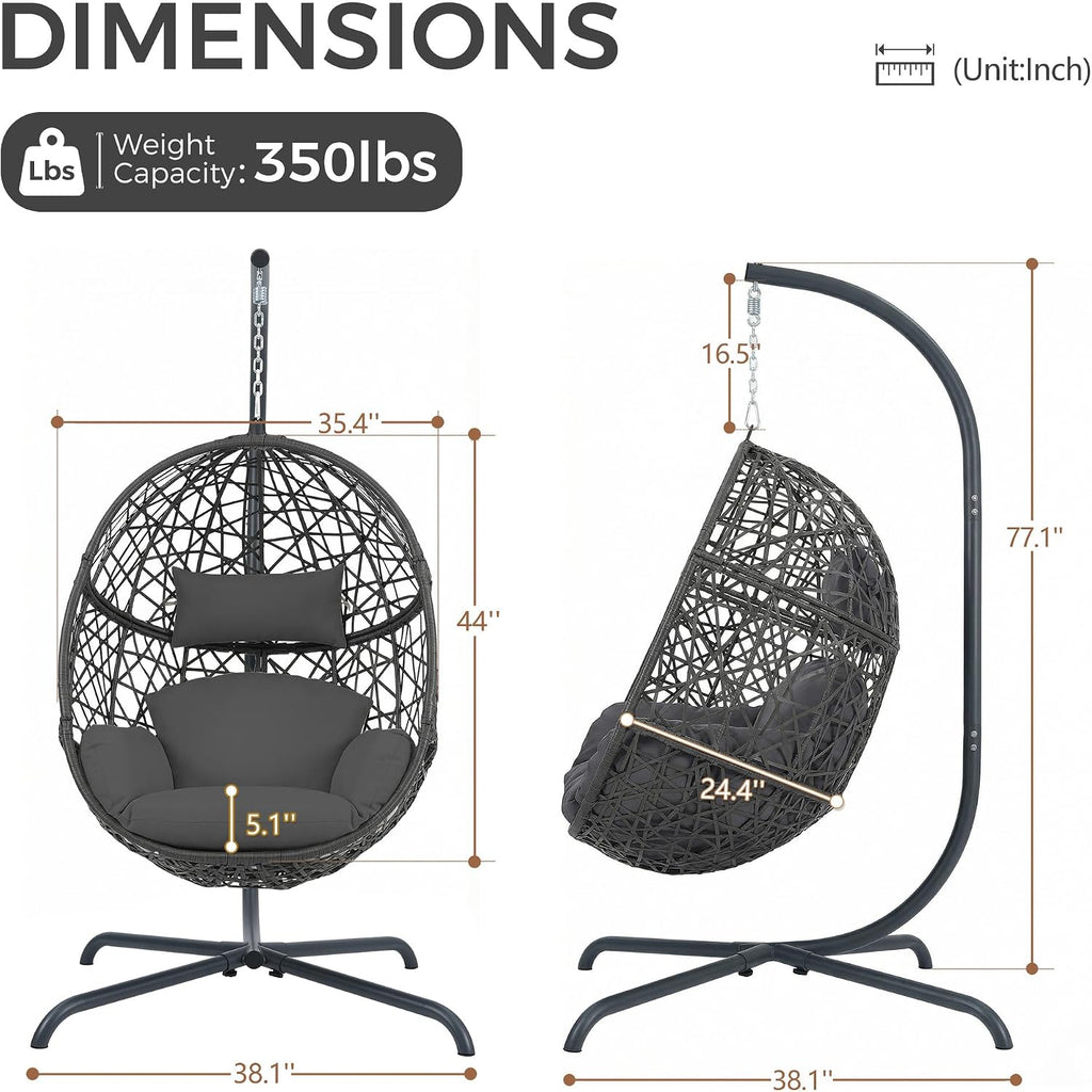 NICESOUL Swing Egg Chair with Stand, Bird Cage Patio Hanging Chair with Cushion, Large Swinging Chairs Indoor Outdoor, All-Weather 350lbs Eggshell Basket Seat for Porch, Backyard, Dark Grey