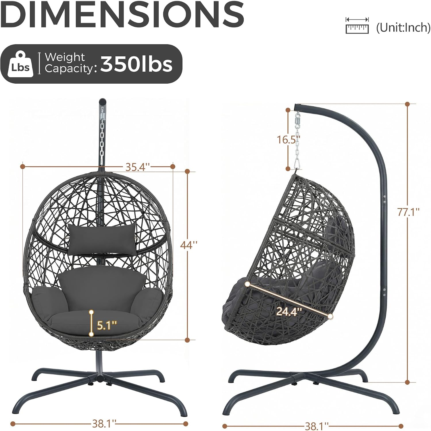 NICESOUL Swing Egg Chair with Stand, Bird Cage Patio Hanging Chair with Cushion, Large Swinging Chairs Indoor Outdoor, All-Weather 350lbs Eggshell Basket Seat for Porch, Backyard, Dark Grey