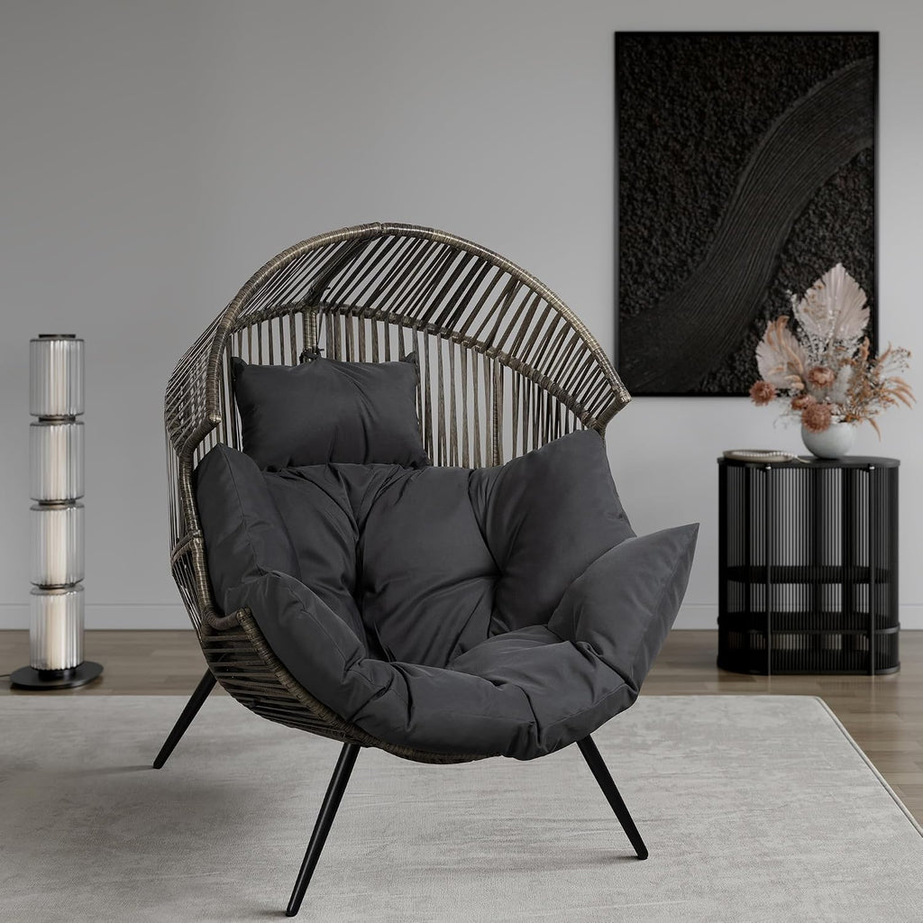 Shintenchi Wicker Egg Chair Outdoor Rattan Patio Chair with Cushion,Oversized Patio Lounge Chairs with Cushion Egg Basket Chair, Egg Seat for Indoor Living Room Bedroom Outside,Grey