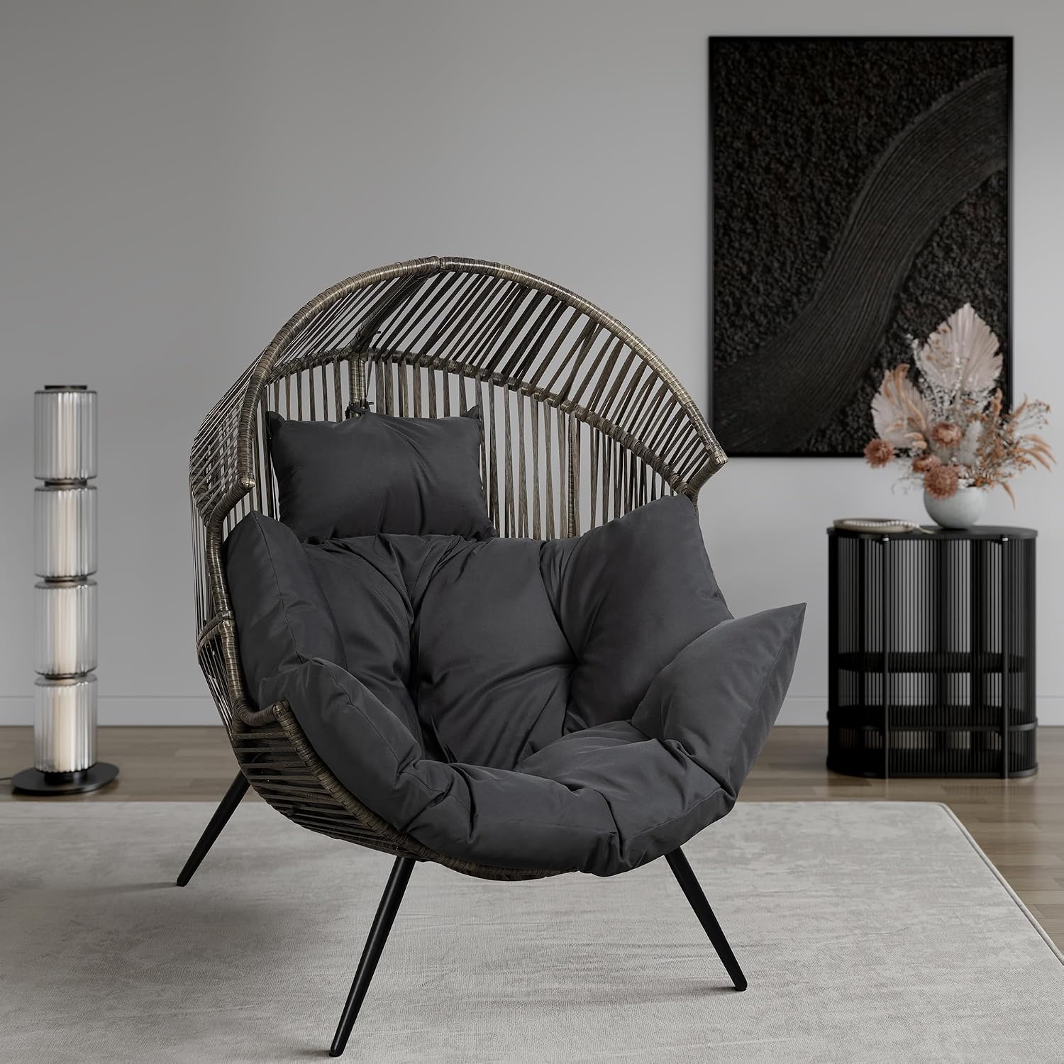 Shintenchi Wicker Egg Chair Outdoor Rattan Patio Chair with Cushion,Oversized Patio Lounge Chairs with Cushion Egg Basket Chair, Egg Seat for Indoor Living Room Bedroom Outside,Grey