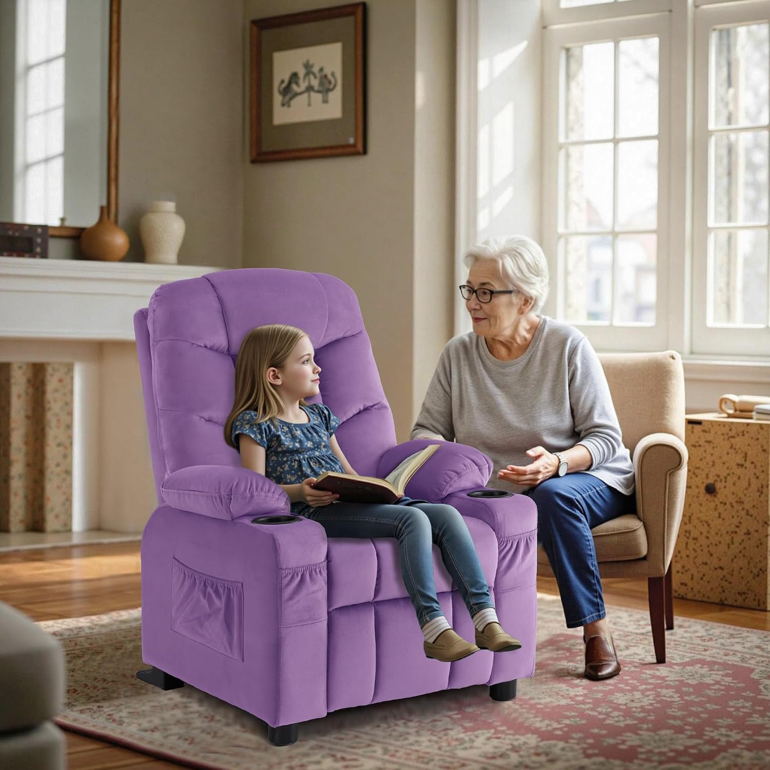 MCombo Big Kids Recliner for Ages 3+, Child Reclining Chair, Toddlers Recliner Sofa with Cup Holders (Velvet, Violet)
