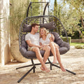 Brafab Double Egg Chair Swing with Stand, Oversized Hand-Woven Wicker Rattan 2-Person Egg Chairs for Outdoor Indoor, Hanging Egg Chair with Thick Double Cushion and Sturdy Steel Stand, Charcoal