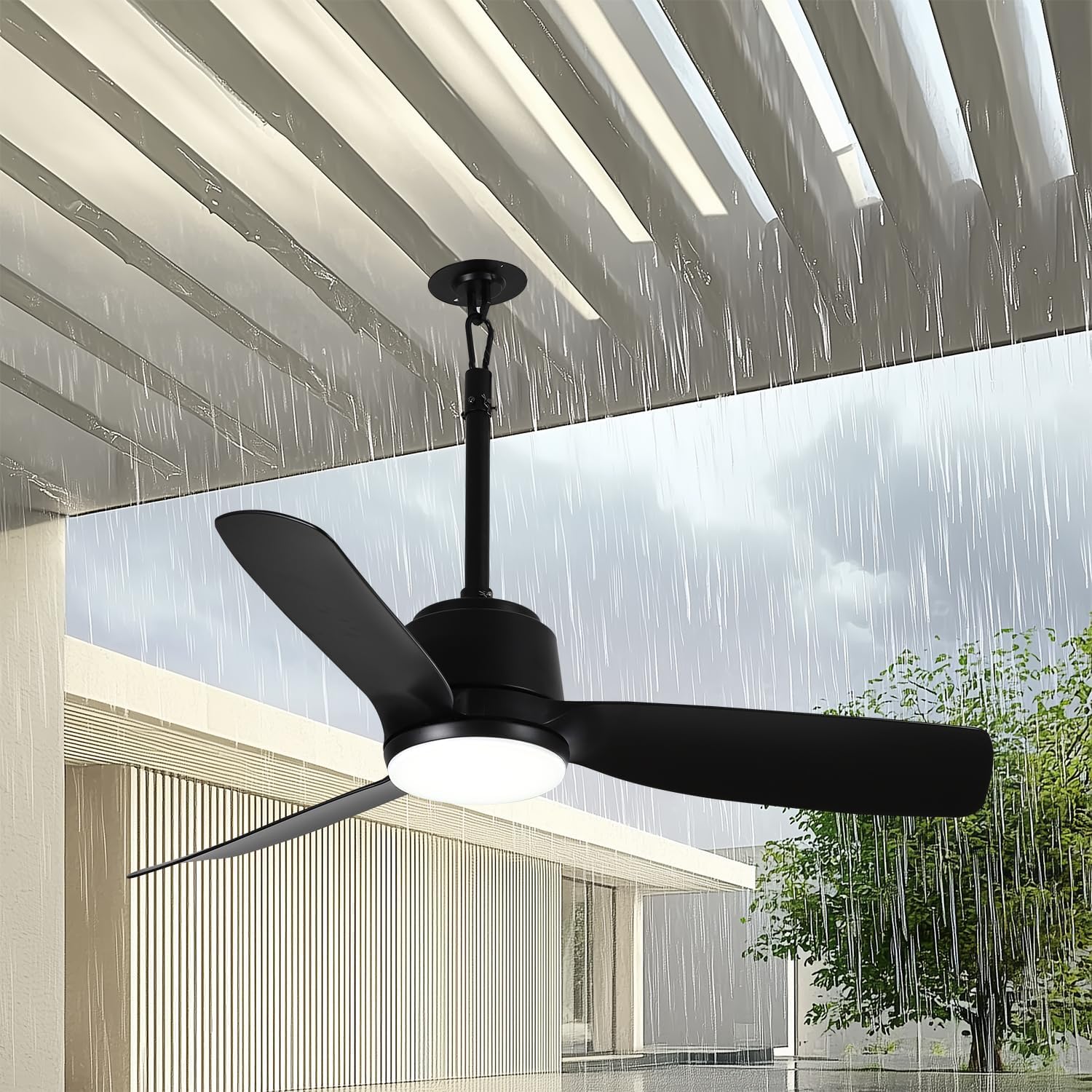 44'' Outdoor Ceiling Fan with Dimmable 3-Color LED Light, IP65 Waterproof for Patios Gazebos,Quiet DC Motor with 6 Speeds and Reversible Function, Remote Control for Patios, Industrial Style