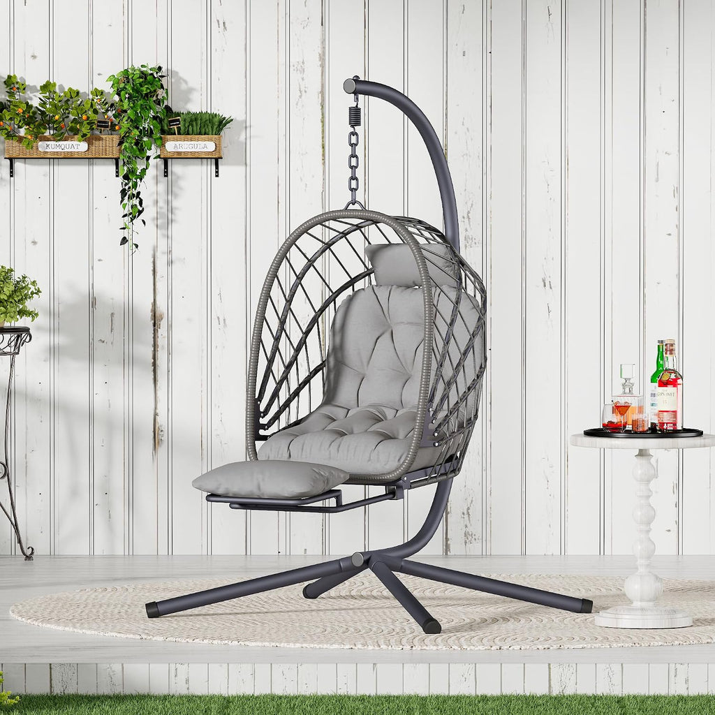 Outdoor Egg Swing Chair with Stand and Footrest, Comfy Patio Hammock Hanging Rocking Egg Chair with Cushion for Bedroom Indoor, Dark Gray (Light Grey)