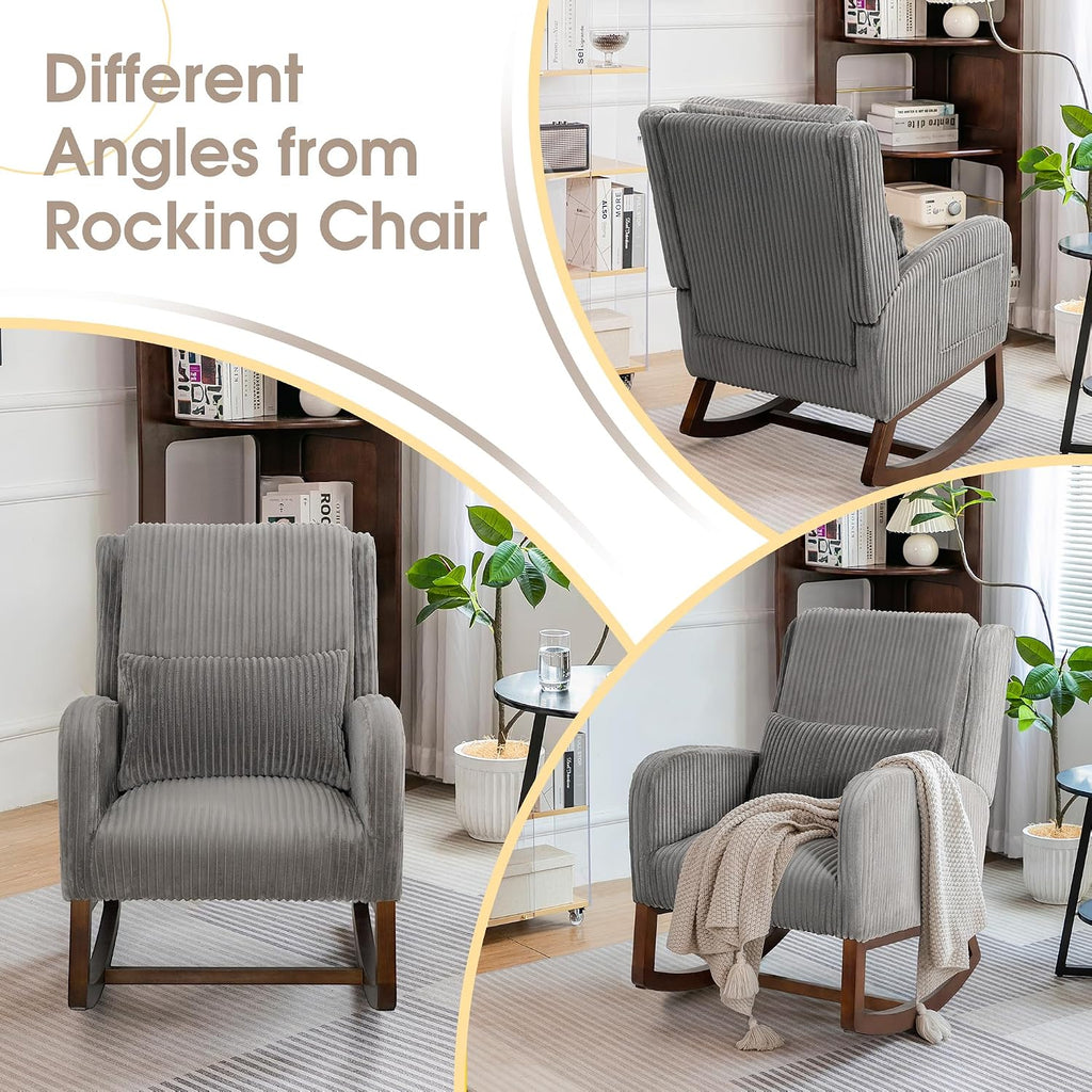 COCO DESIGN Corduroy Upholstered Rocking Chair for Nursery, Padded Seat & Back, Sturdy Wood Rockers for Living Room, Nursery, Bedroom Relaxation (Dark Grey)