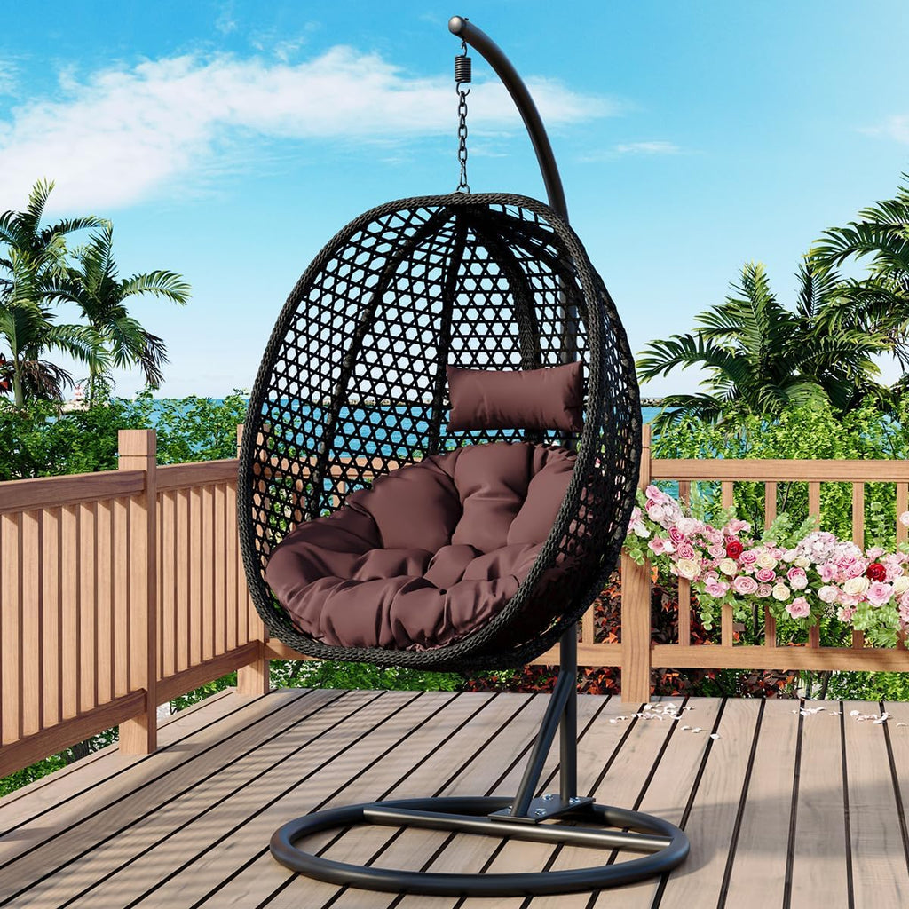 JUFU Egg Swing Chair with Stand,Hanging Egg Chair Indoor Outdoor,Hammock Hanging Basket Chair with Aluminum Steel Frame，Patio Egg Chair with Removable Cushions for Patio Balcony Backyard,Bedrooms