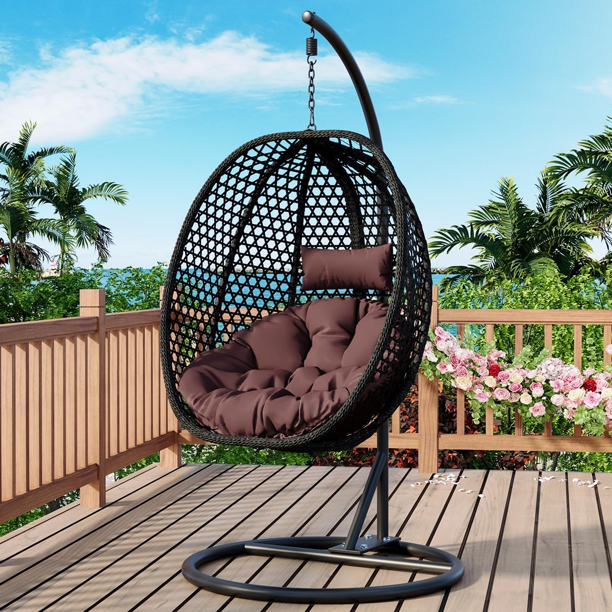 JUFU Egg Swing Chair with Stand,Hanging Egg Chair Indoor Outdoor,Hammock Hanging Basket Chair with Aluminum Steel Frame，Patio Egg Chair with Removable Cushions for Patio Balcony Backyard,Bedrooms