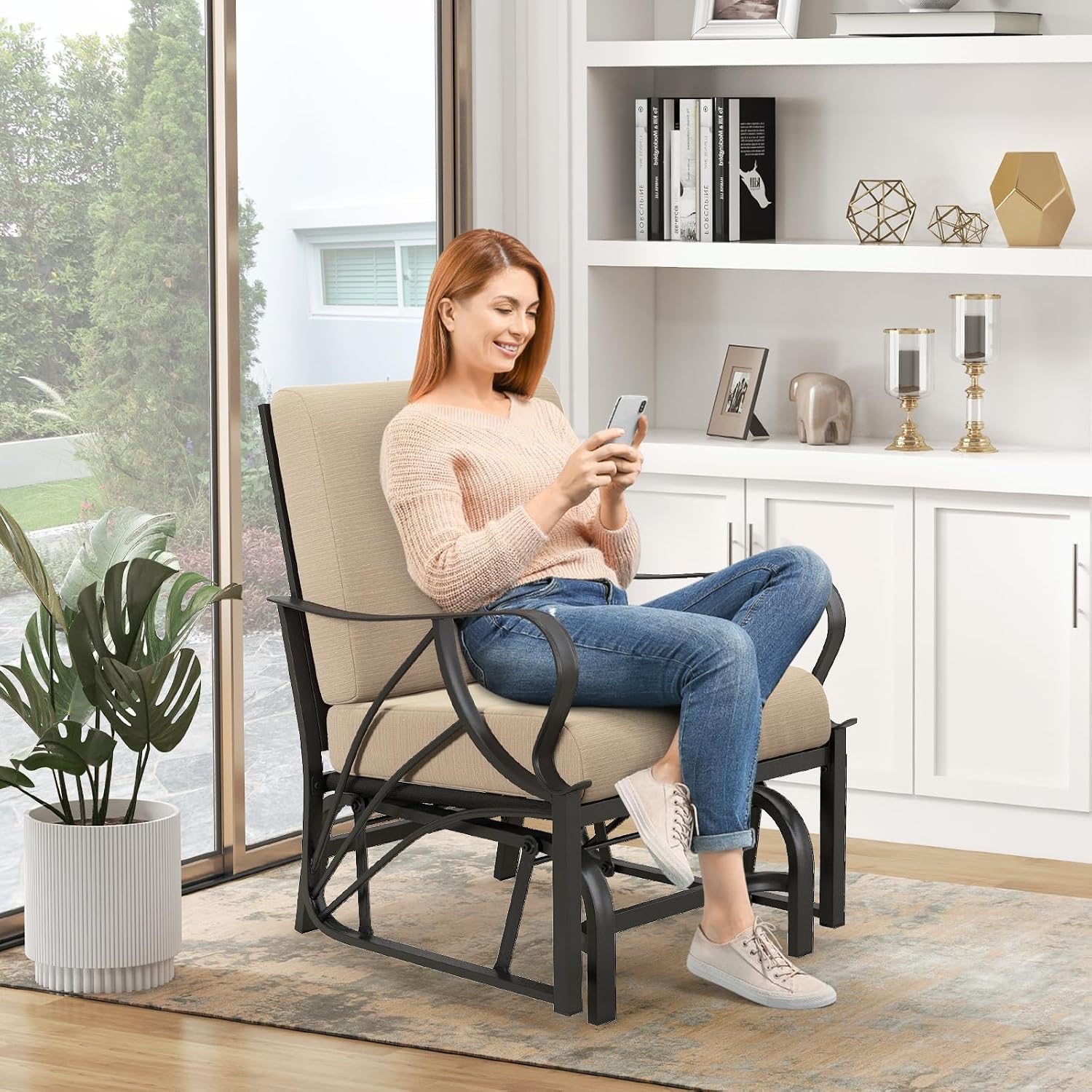 Giantex Patio Glider, Outdoor Rocking Chair with Thick Cushion, Sprayed Metal Frame, Curved Armrest, Glider Swing Chair for Garden, Yard, Lawn, Porch Rocker