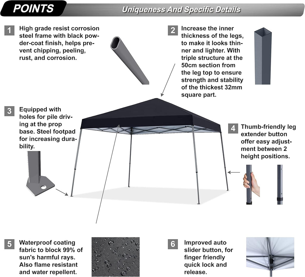 ABCCANOPY Stable Pop up Outdoor Canopy Tent 12 x 12 ft Base / 10 x 10 ft Top, Black