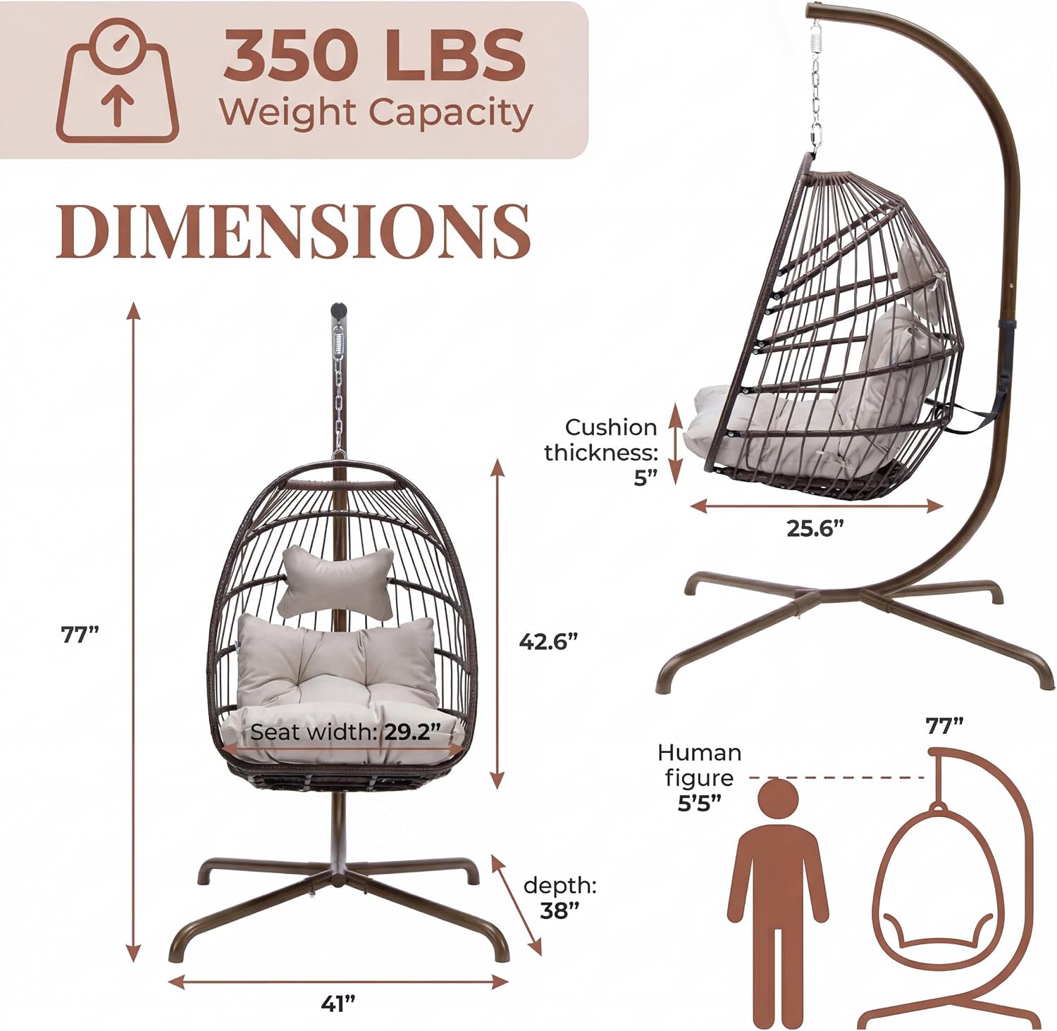 NICESOUL Outdoor Egg Hanging Chair with Stand, Indoor Wicker Swing Egg Chair with Stand 350lbs, Patio Swinging Hammock Chair for Outside, Egg-Shaped Chair for Balcony Bedroom Porch, Brown with Cover