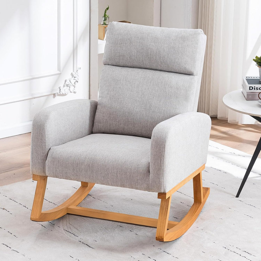 Rocking Glider Chair Nursery, Nursing Rocker Armchair with Rubber Wood Legs and Side Pocket for Living Room, Bedroom, Grey
