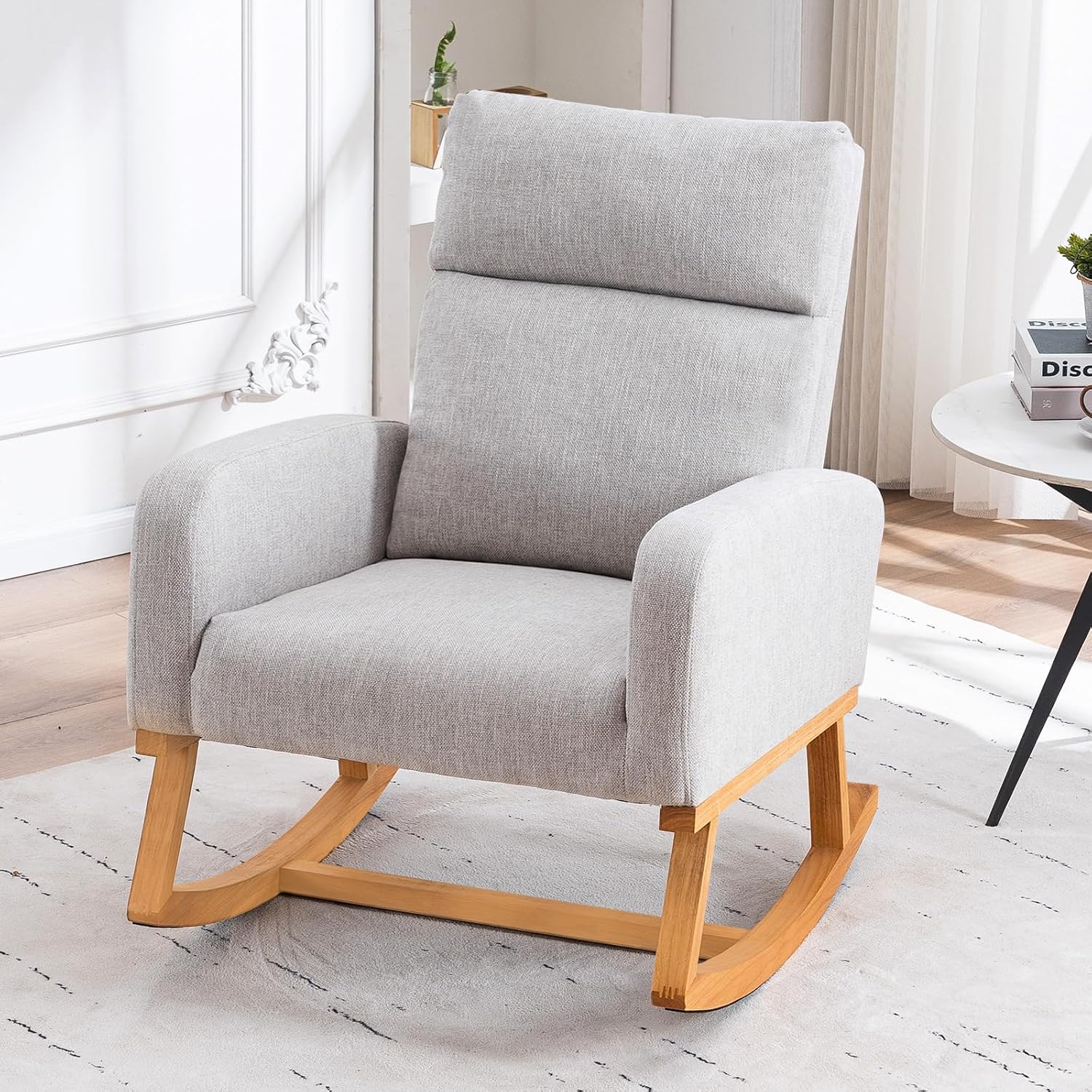Rocking Glider Chair Nursery, Nursing Rocker Armchair with Rubber Wood Legs and Side Pocket for Living Room, Bedroom, Grey