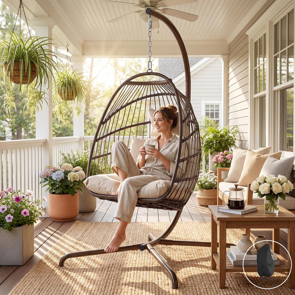 NICESOUL Outdoor Egg Hanging Chair with Stand, Indoor Wicker Swing Egg Chair with Stand 350lbs, Patio Swinging Hammock Chair for Outside, Egg-Shaped Chair for Balcony Bedroom Porch, Brown with Cover