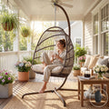 NICESOUL Outdoor Egg Hanging Chair with Stand, Indoor Wicker Swing Egg Chair with Stand 350lbs, Patio Swinging Hammock Chair for Outside, Egg-Shaped Chair for Balcony Bedroom Porch, Brown with Cover