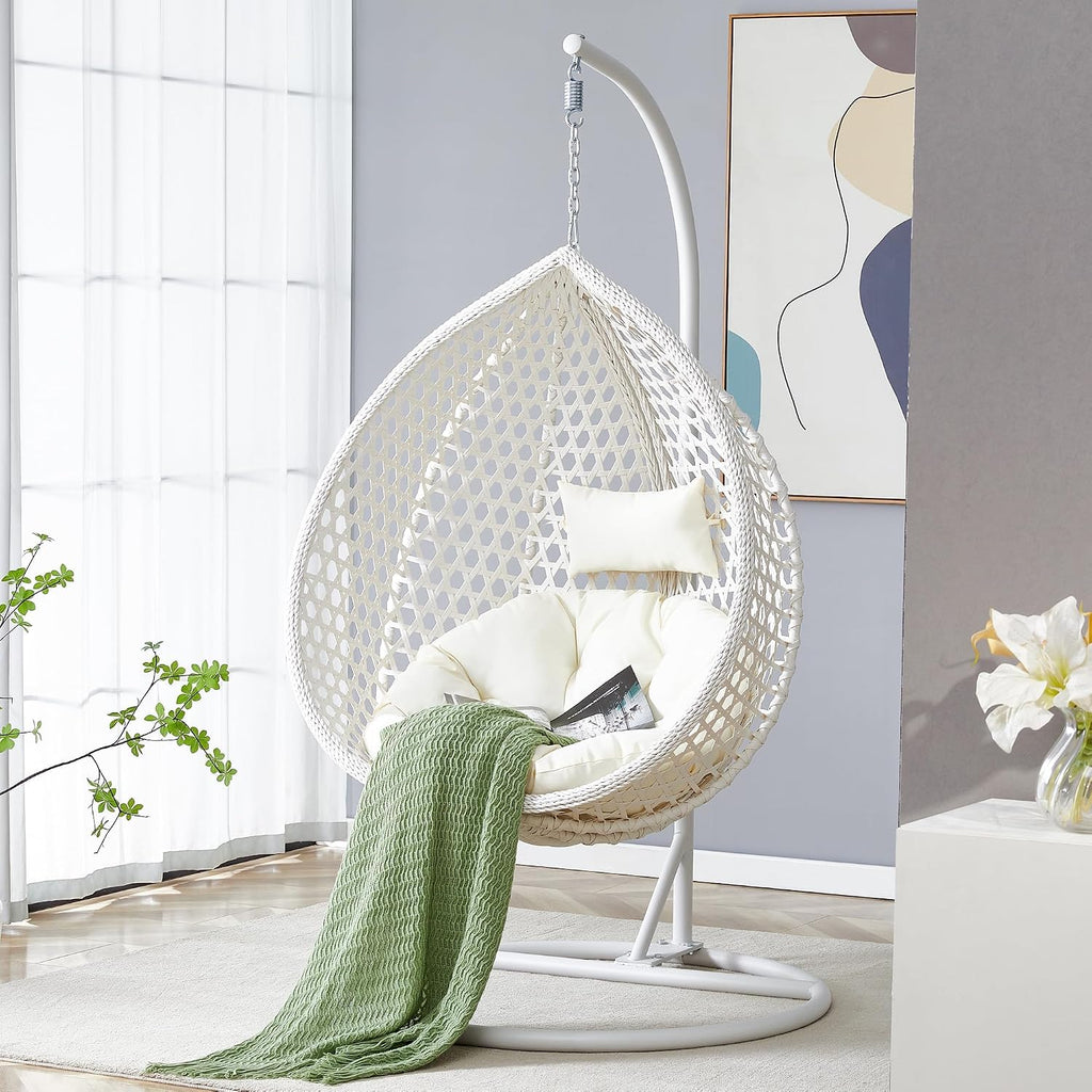JUFU White Egg Chair with Stand, Indoor Outdoor Hanging Swing Chair with Thick Cushion and Pillow, 350 lb Capacity Wicker Patio Chair for Balcony, Bedroom, Porch, Sunroom