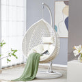 JUFU White Egg Chair with Stand, Indoor Outdoor Hanging Swing Chair with Thick Cushion and Pillow, 350 lb Capacity Wicker Patio Chair for Balcony, Bedroom, Porch, Sunroom