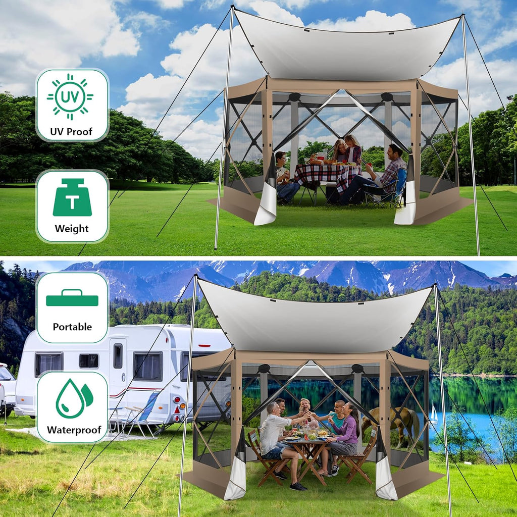 COBIZI Pop Up Gazebo Screen Tent Screen House for Camping, 12x12 Screen Room with Mosquito Netting, Hub Tent Instant Screened Canopy with Carrying Bag and Ground Stakes, Khaki