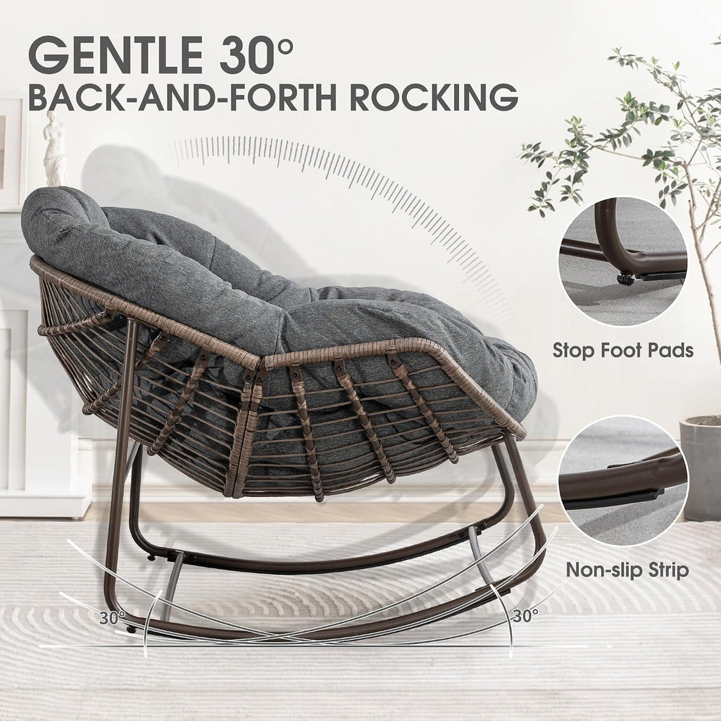 Oversized Papasan Rocking Chair - Outdoor Luxury Comfy Patio Chair Indoor Egg Royal Rattan Rocking Chair with Cushion for Front Porch Lounge Lawn Bedroom Living Room (Grey)