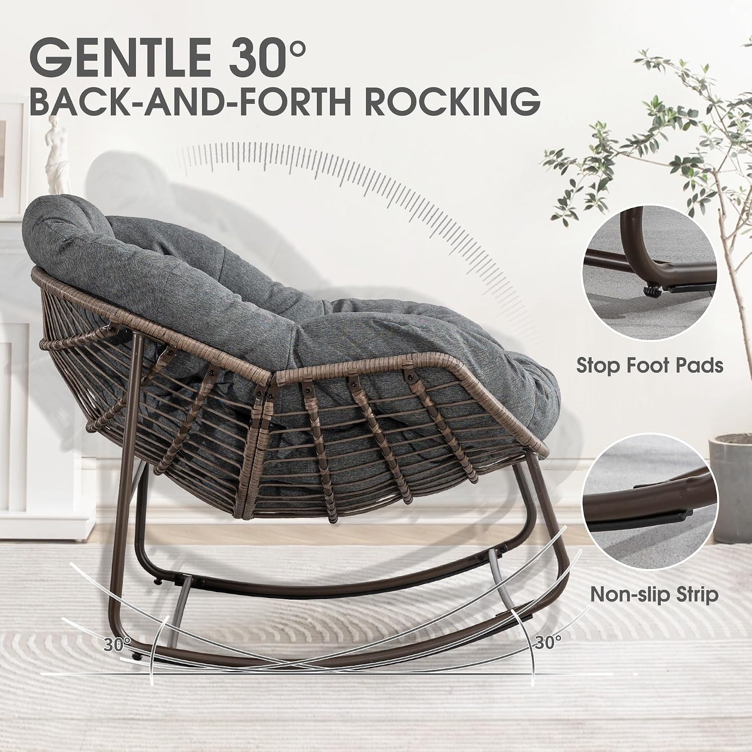Oversized Papasan Rocking Chair - Outdoor Luxury Comfy Patio Chair Indoor Egg Royal Rattan Rocking Chair with Cushion for Front Porch Lounge Lawn Bedroom Living Room (Grey)