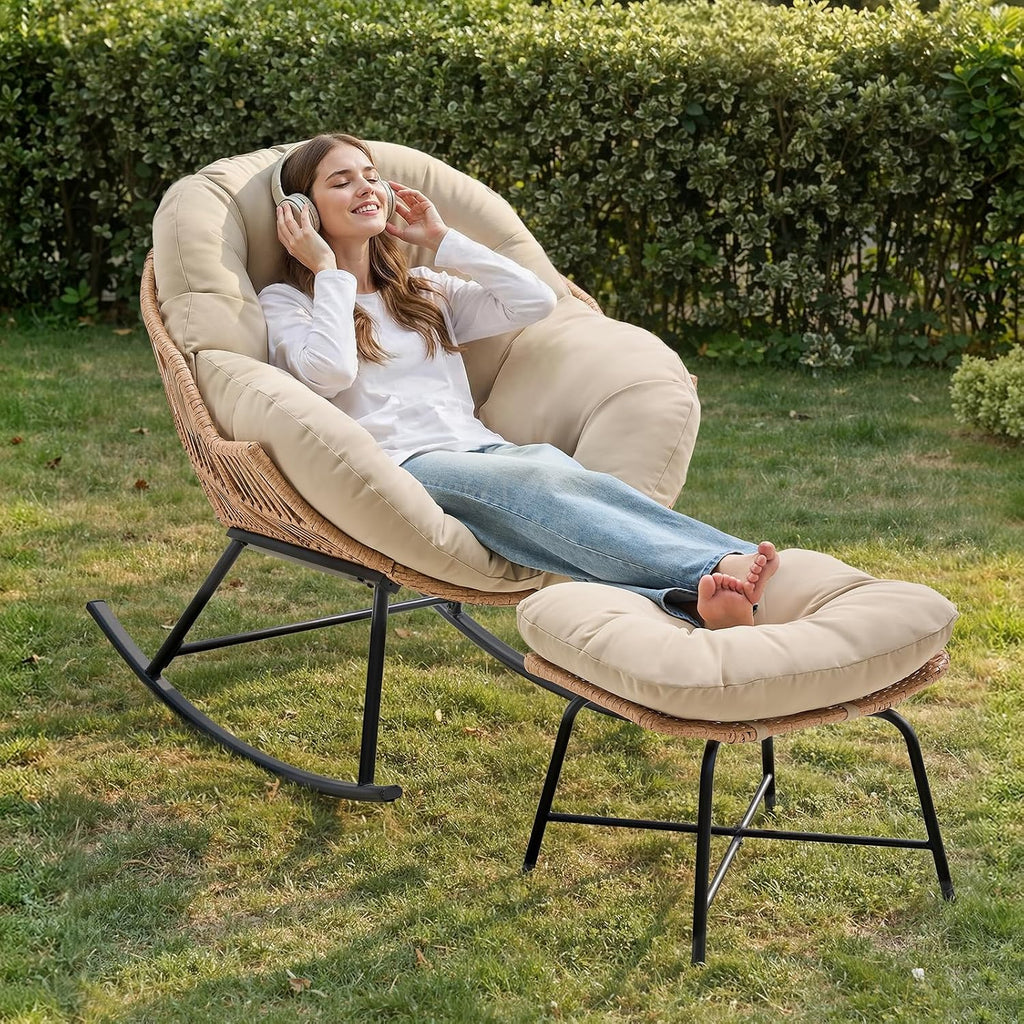 ONBRILL Papasan Rocking Chair with Ottoman,Oversized Papasan Chair with Padded Cushion, Indoor & Outdoor Rocker Chair for Living Room, Patio, Garden, Beige