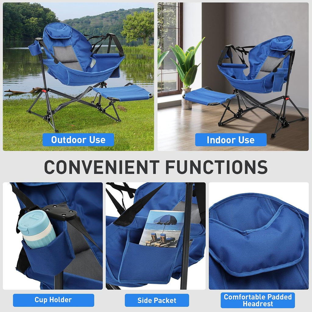 Ainfox Hammock Camping Chair with Footrest, Heavy Duty Foldable Portable Rocking Hammock Chairs Outside Swinging Camp with Cup Holder Pillow for Outdoor Patio Poolside Black Blue