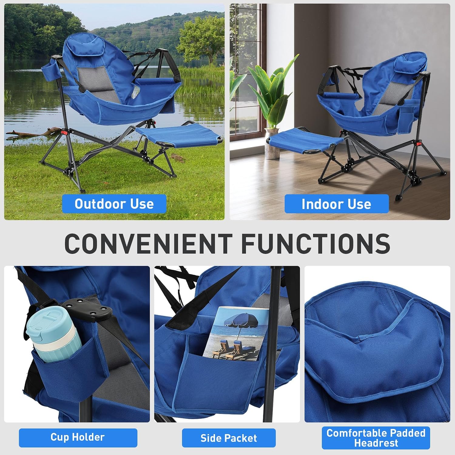 Ainfox Hammock Camping Chair with Footrest, Heavy Duty Foldable Portable Rocking Hammock Chairs Outside Swinging Camp with Cup Holder Pillow for Outdoor Patio Poolside Black Blue