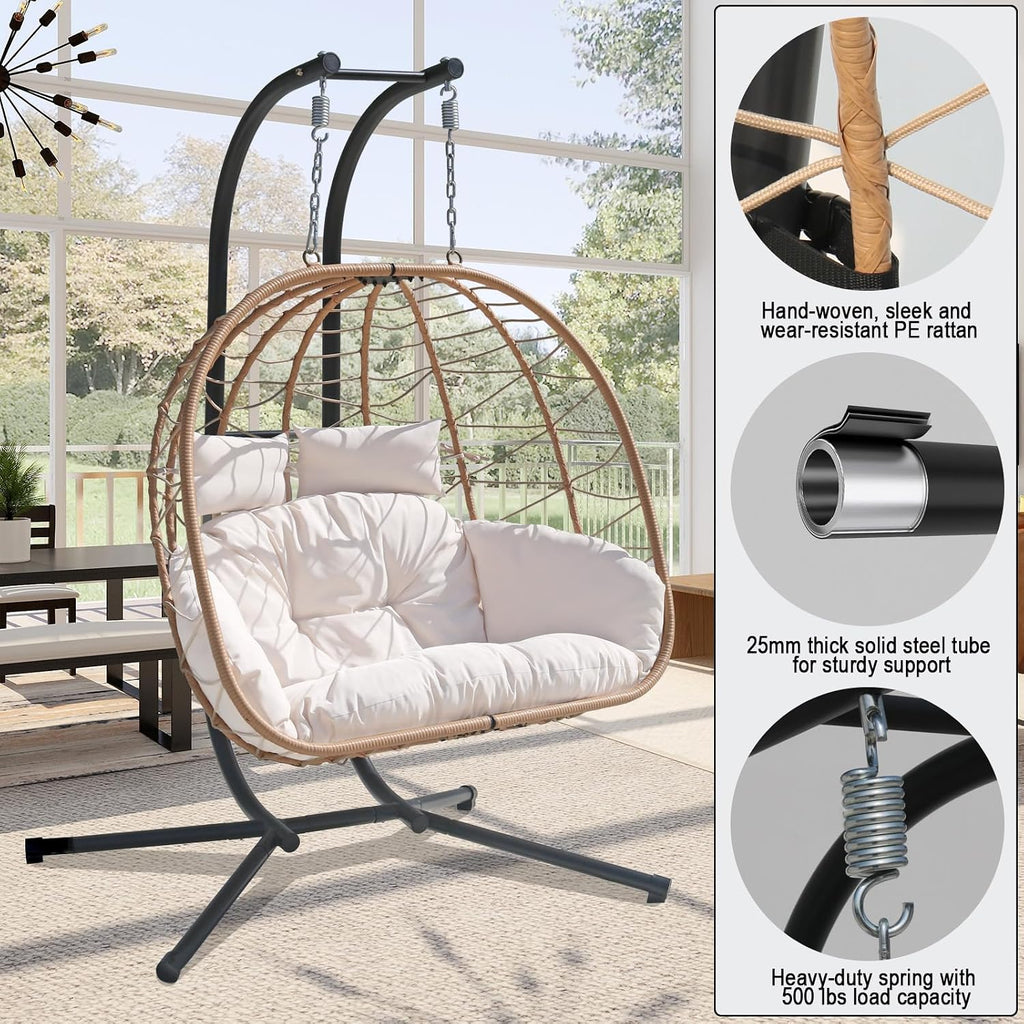 Double Hammock Egg Chair 2 Person Egg Chair Indoor Outdoor Swing with Stand Patio Wicker Hanging Chair Widened and Enlarged for Balcony Bedroom Porch Adults Kids