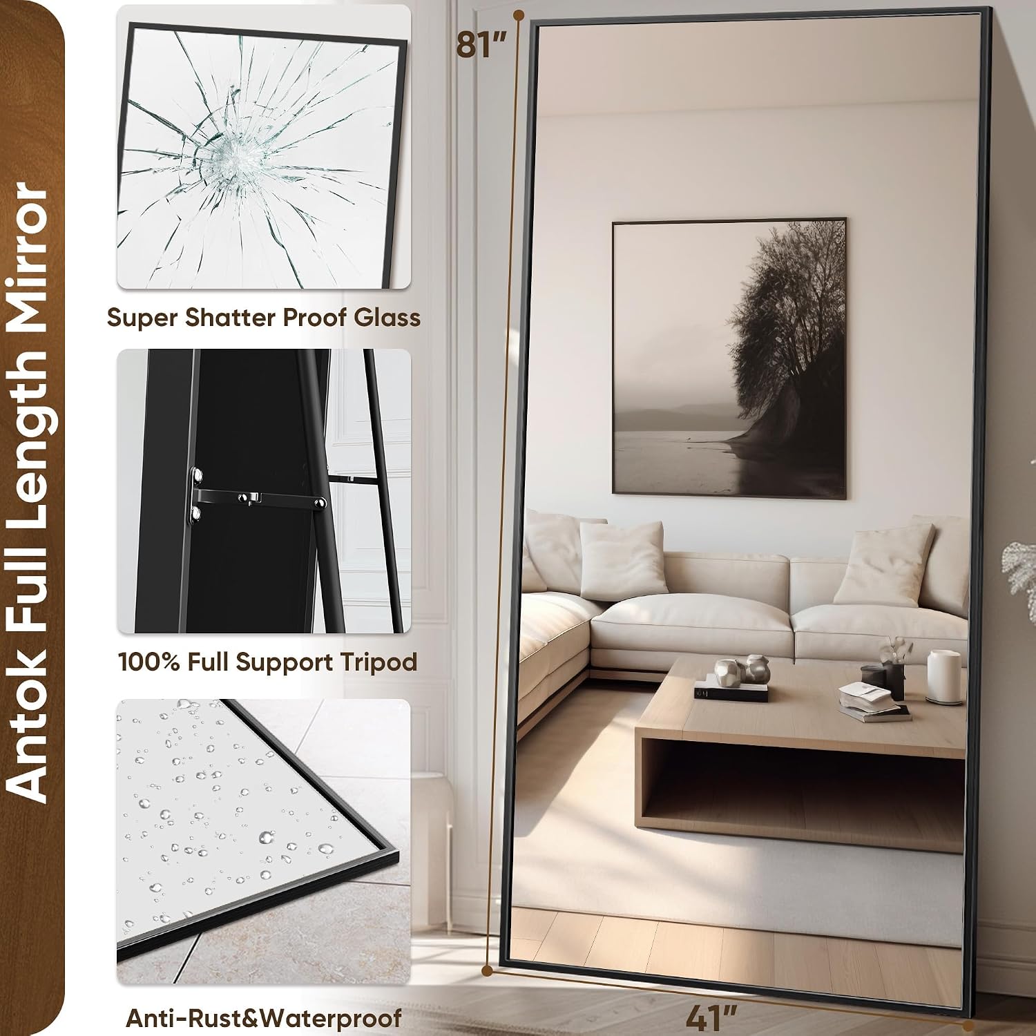 Antok Full Length Mirror, 44'x88' Floor Mirror with Stand, Hanging Mounted Mirrors for Bedroom, Living Room, Cloakroom, Dining Room, Black, Rect