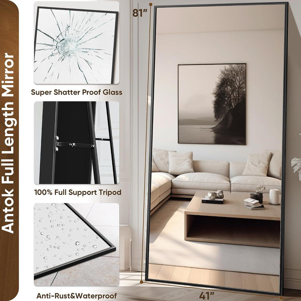 Antok Full Length Mirror, 46'x90' Floor Mirror with Stand, Hanging Mounted Mirrors for Bedroom, Living Room, Cloakroom, Dining Room, Black, Rect
