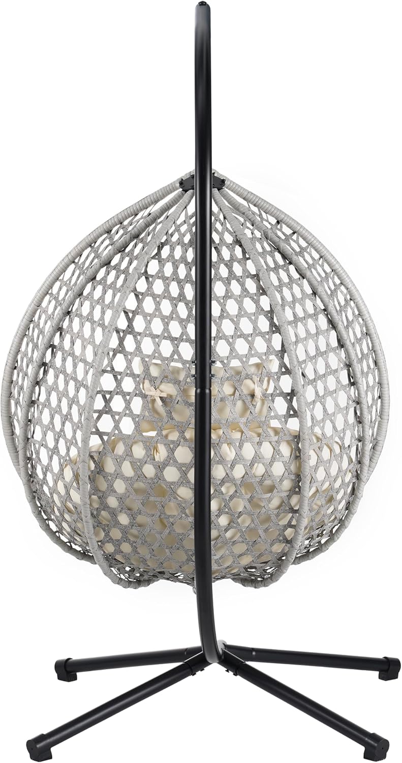 Polibi Hanging Egg Chair with Stand - PE Rattan Indoor Outdoor Swing Chair Heavy Duty 330lbs - Breathable Hollowed Design & Adjustable Headrest - Patio Balcony Garden Lounger,Gray+Beige