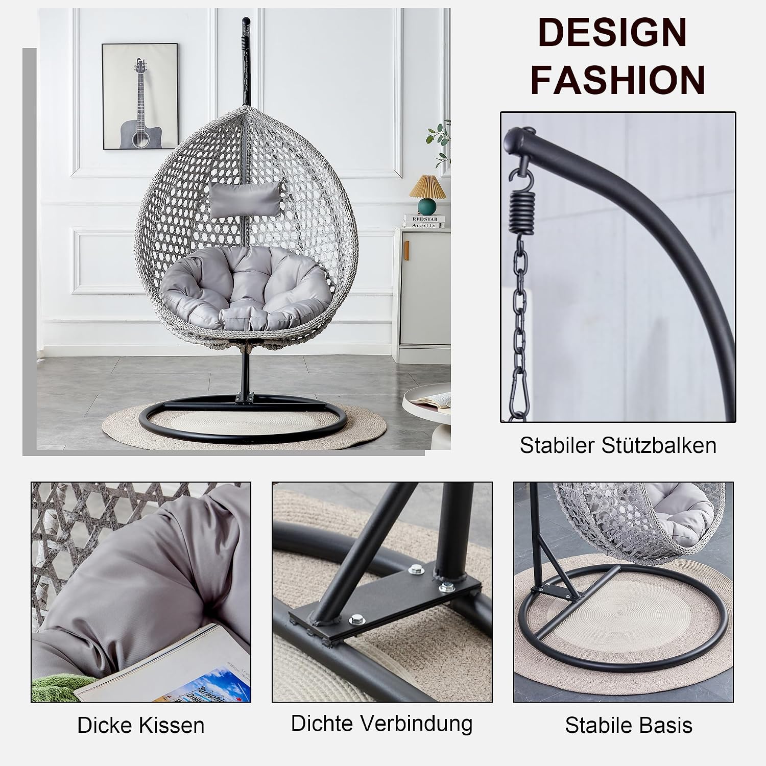 Egg Swing Chair Outdoor with Stand, Hanging Egg Rattan Basket Chair with Cushion and Pillow, Lounge Chairs for Backyard Sunroom Patio Balcony Bedroom (Grey)