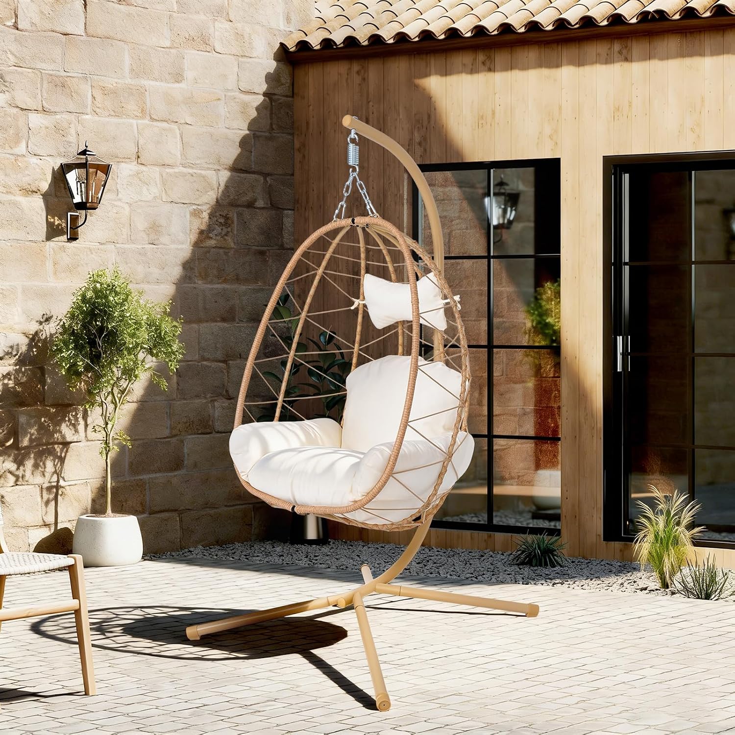 Egg Chair with Stand, Wicker Hanging Chair for Outdoor Patio, Cushioned Hammock Swing for Bedroom Garden Indoor/Outdoor, Double-Zipper Structure Hanging Egg Chair (Yellow Frame and White Cushion)