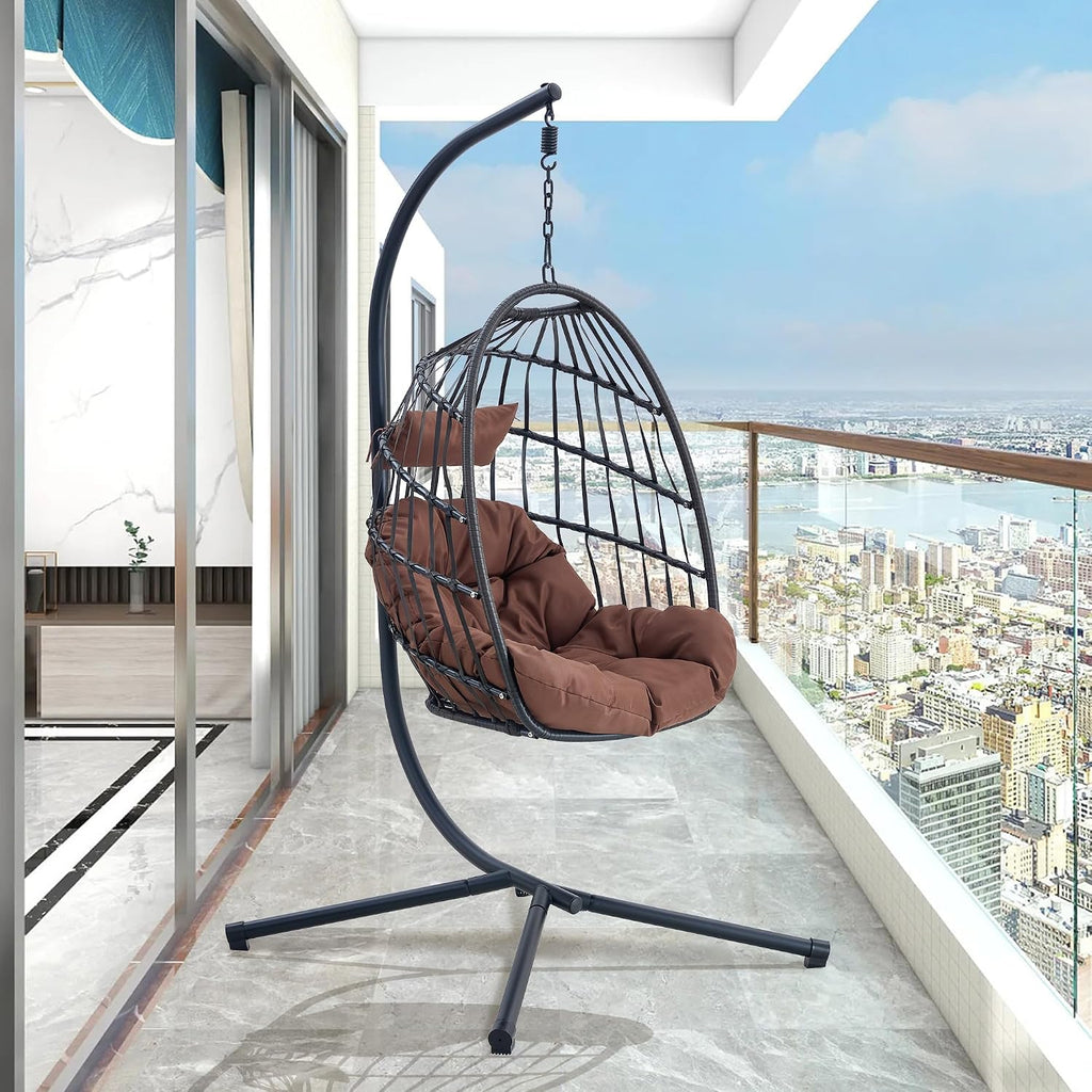 Egg Chair with Stand – Faux Rattan Wicker Hanging Hammock Chair, Soft Cushions & Pillow, Titanium Alloy Frame, UV-Resistant, All-Weather, Easy Assembly, 350 lbs Capacity for Patio, Garden, Balcony