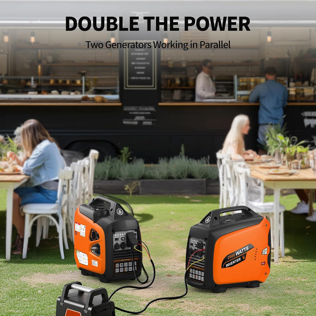 2500 Watt Portable Inverter Generator, Ultra-Quiet Long Runtime Gas Generator with CO-Sensor Fuel Off, Parallel function, for Camping, Tailgating, Home Emergency Use, EPA Compliant (Orange)