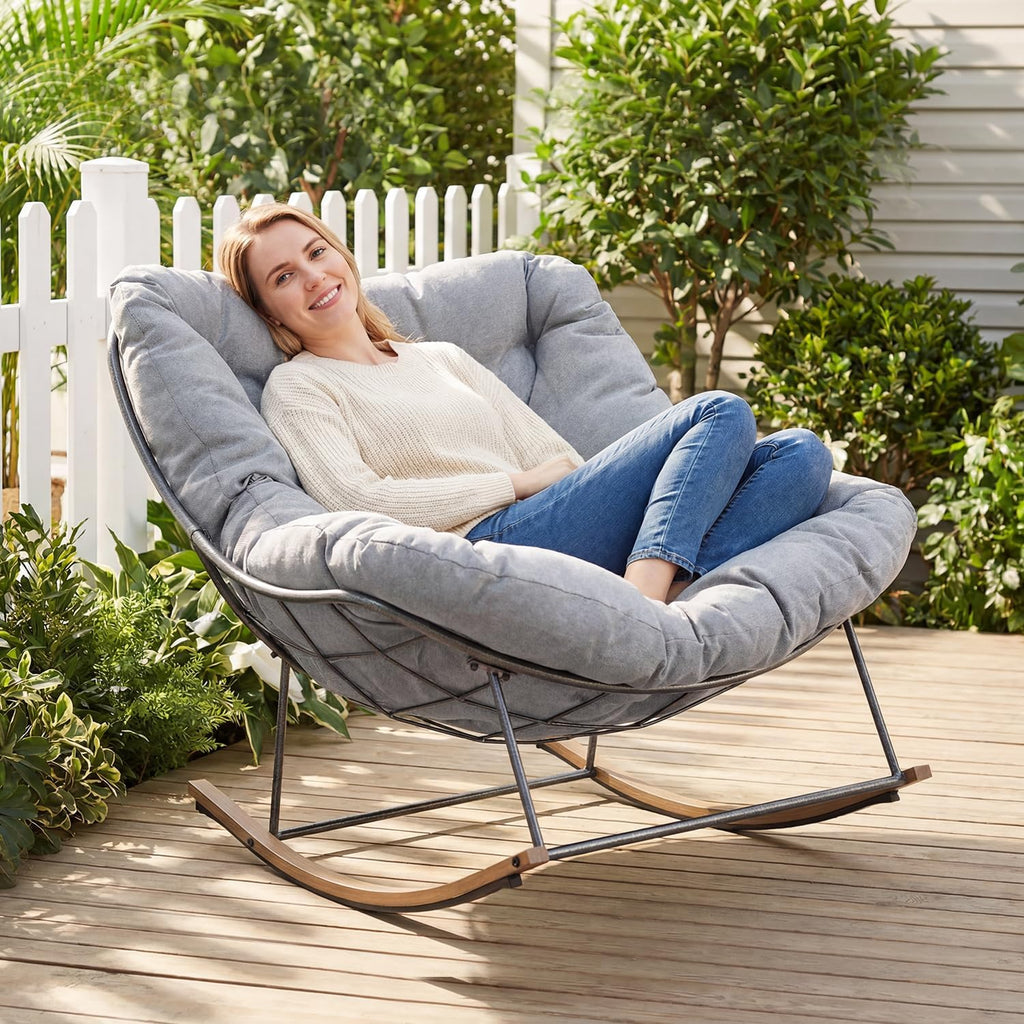 Outdoor Rocking Chair, 400 lbs Sturdy Frame with Thick Cushion,Patio Papasan Chair for Bedroom, Living Room, Porch, Garden(Grey)