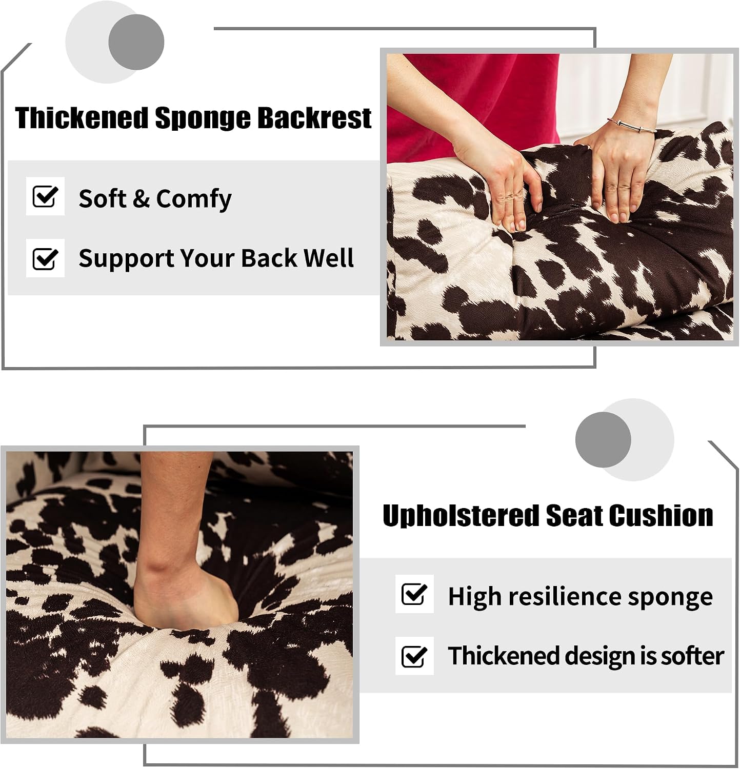 Nursery Rocking Chairs, Cow Printed Fabric Glider Chair Nursery Chair for Mom with High Backrest, Side Pocket and Extended Wood Legs for Bedroom Living Room, Cow