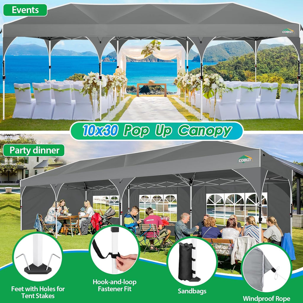 COBIZI 10x30 Pop Up Canopy Tent for Parties with 5 Sidewalls| Push Center Lock & Air Vent| Waterproof & UPF50+ |Gazebo Outdoor Tent for Party,Wedding,BBQ with 4 Sandbags, 8 Stakes & 16 Ropes,Grey