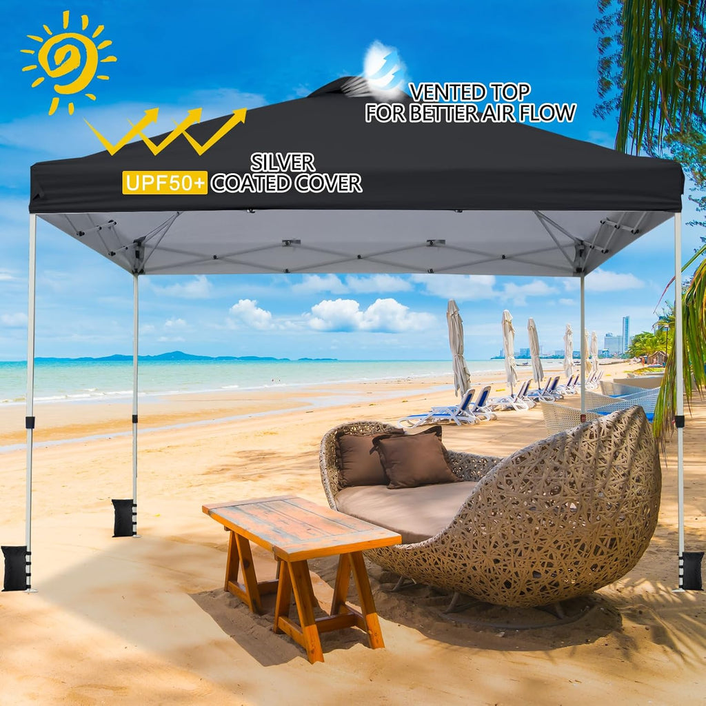 VINGLI 10'x10' Pop Up Canopy Tent with Sandbags & Rolling Bag, Portable Instant Party Tent Waterproof Outdoor Canopy for Outdoor Events, Party, Wedding (Black)