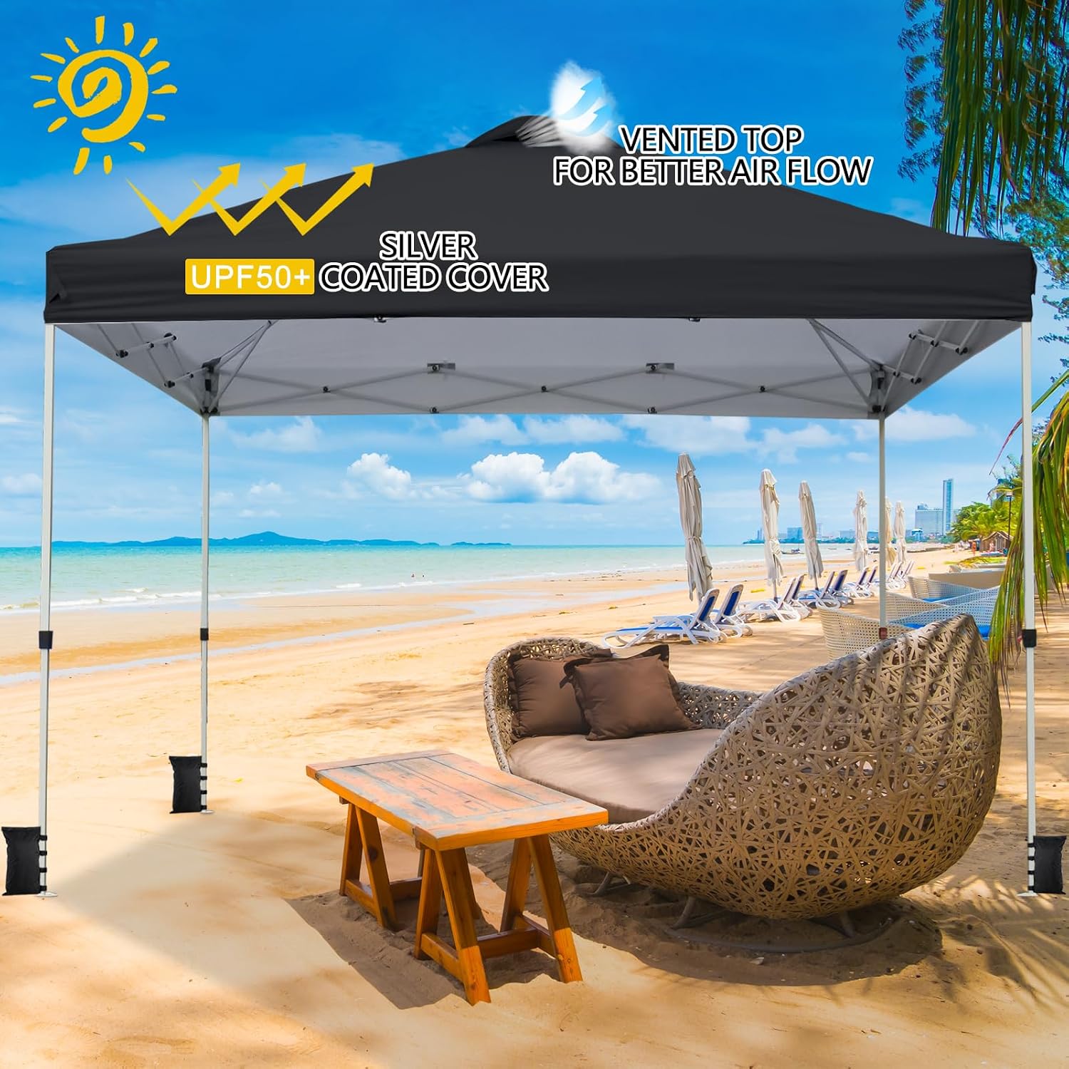 VINGLI 10'x10' Pop Up Canopy Tent with Sandbags & Rolling Bag, Portable Instant Party Tent Waterproof Outdoor Canopy for Outdoor Events, Party, Wedding (Black)