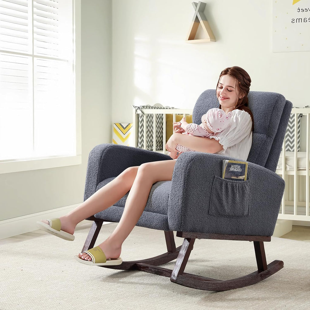 HCHAIRH Rocking Chair Nursery with Foot Rest, Teddy Nursing Rocking Chairs for Mom Breastfeeding, Rocker Glider Chair with High Backrest for Living Room, Bedroom, Blue Grey