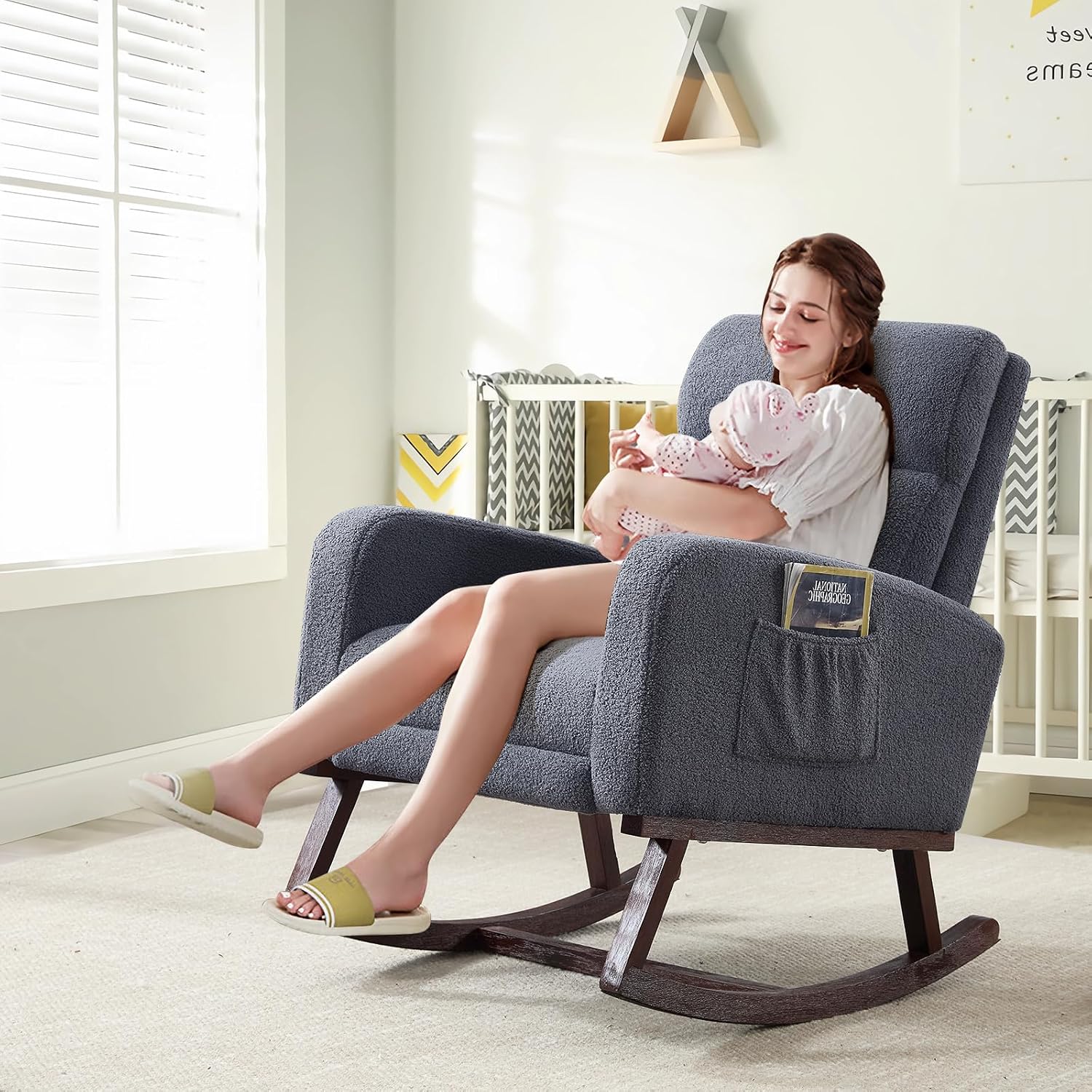 HCHAIRH Rocking Chair Nursery with Foot Rest, Teddy Nursing Rocking Chairs for Mom Breastfeeding, Rocker Glider Chair with High Backrest for Living Room, Bedroom, Blue Grey