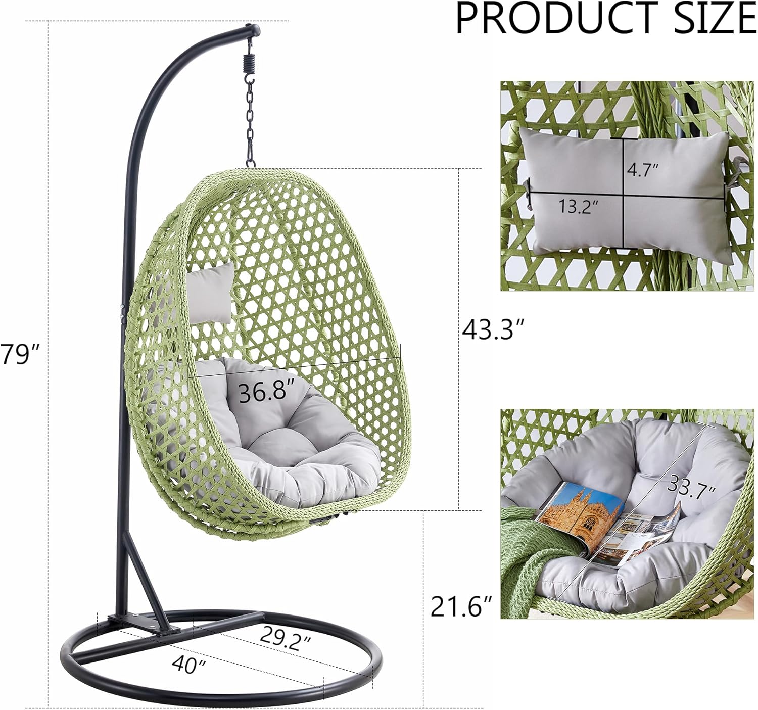 Egg Chair Indoor Outdoor, Hanging Chair for Bedroom, Swing Chair Hammock with Stand & Cushions, Comfy Swinging Chair Adult Reading Chair for Patio Balcony Backyard, Heavy Duty 350LBS, Green