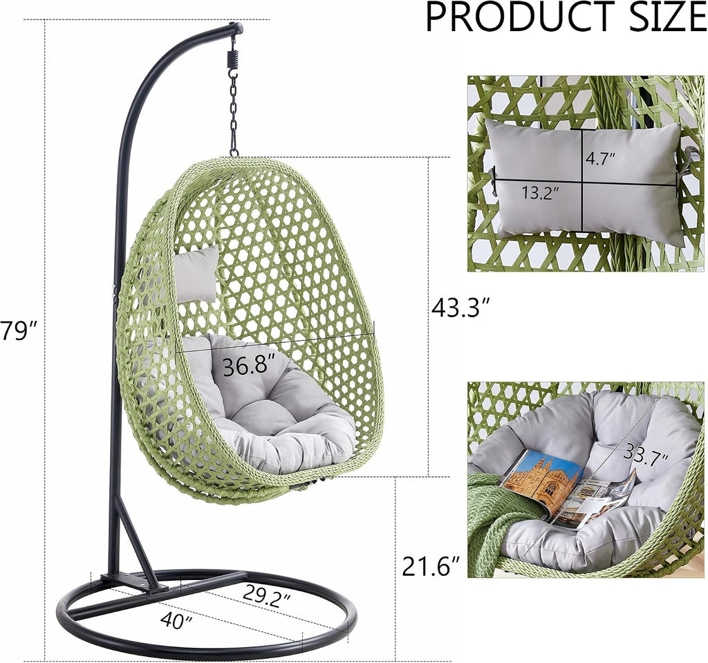 Hanging Egg Chair with Stand & Cushions, Outdoor and Indoor Hammock Rattan Swing Chair 350 lbs Capacity with Aluminum Steel Frame for Patio, Balcony, Backyard and Living Spaces (Green)