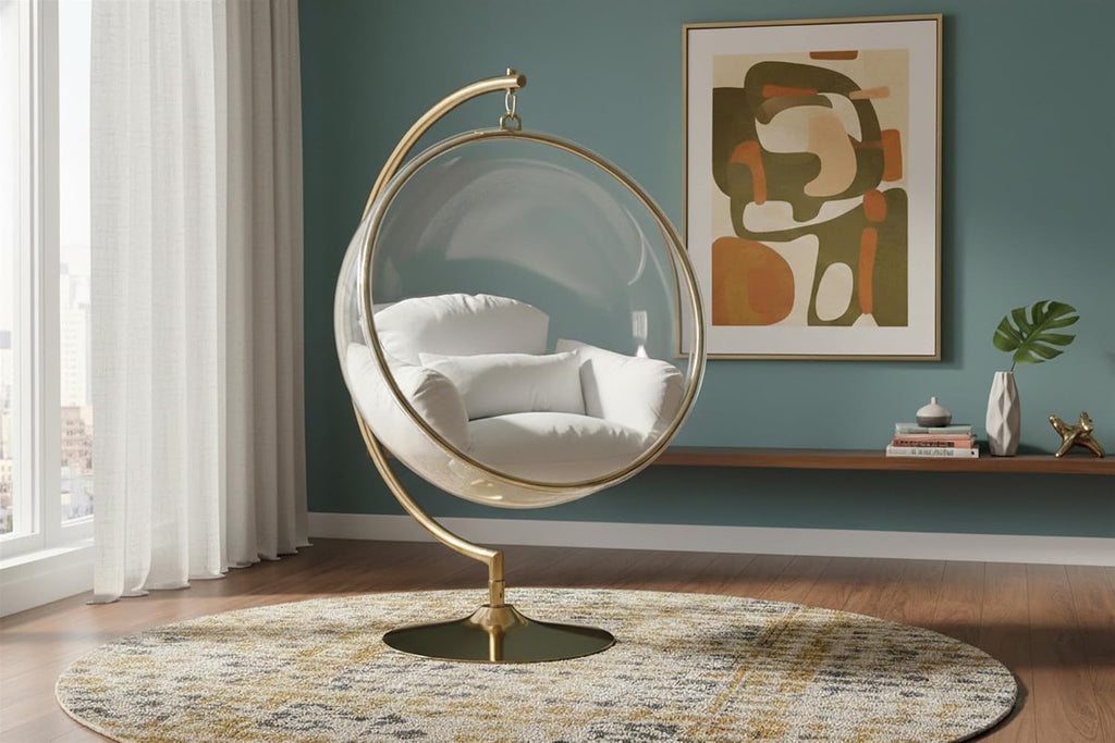 Meridian Furniture Luna Collection Modern | Contemporary Clear Acrylic Accent Swing Chair with Gold Metal Base and Durable Fabric Seat, 41.5' W x 29.5' D x 64' H, White