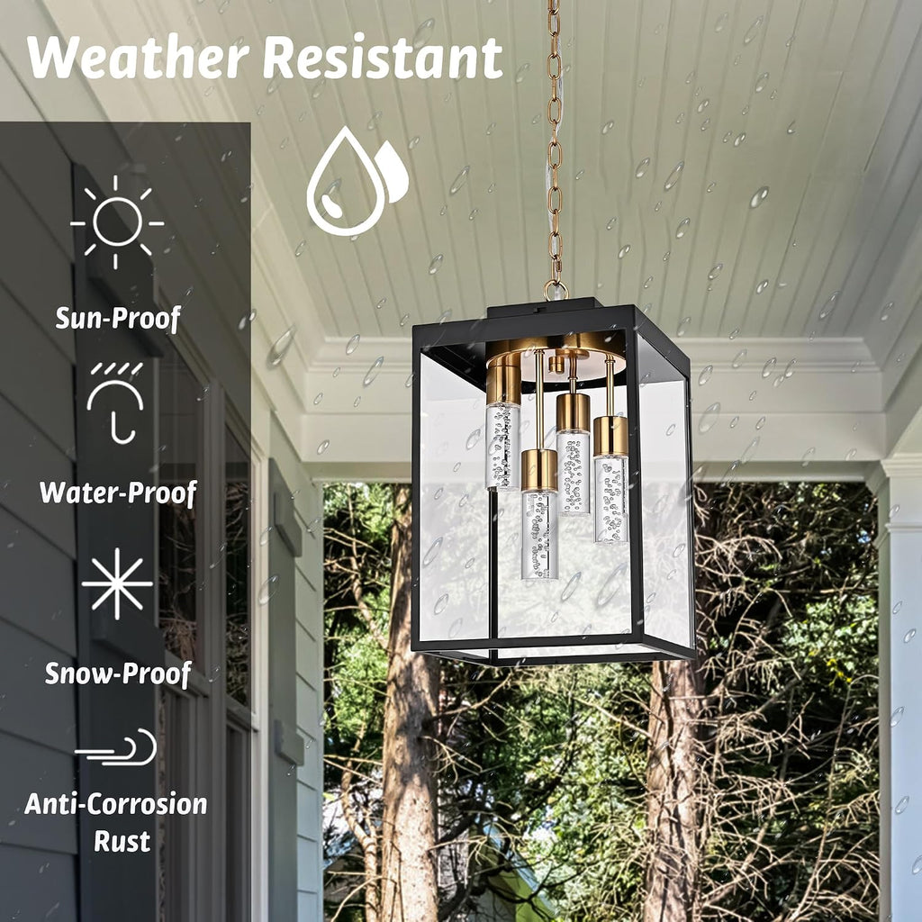 MELUCEE 15.7 Inch Outdoor Pendant Light 5 Color Dimmable LED Exterior Lantern Hanging Light Ceiling Mount with Clear Glass, Black Outside Chandelier for Porch Garage Gazebo Patio, Built-in LED Chips