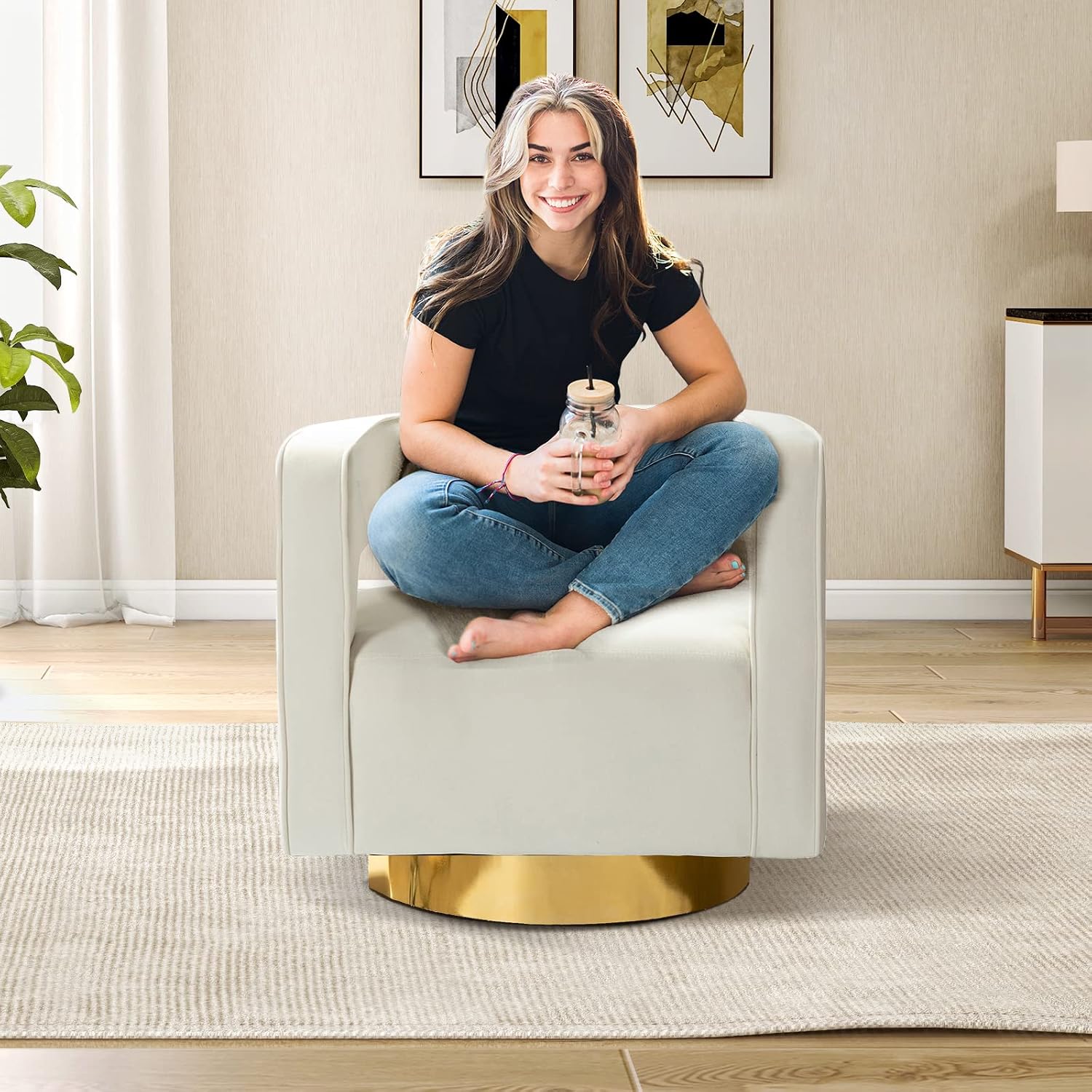 TINA'S HOME Swivel Accent Barrel Chair, Modern Velvet Armchair with 3D Curved Open Back & Swivel Gold Metal Base, Upholstered Club Chair for Living Room Bedroom Nursery, Ivory(No Assembly Required)