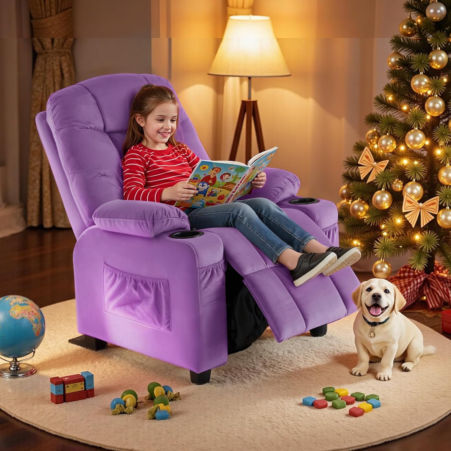 MCombo Big Kids Recliner for Ages 3+, Child Reclining Chair, Toddlers Recliner Sofa with Cup Holders (Velvet, Violet)