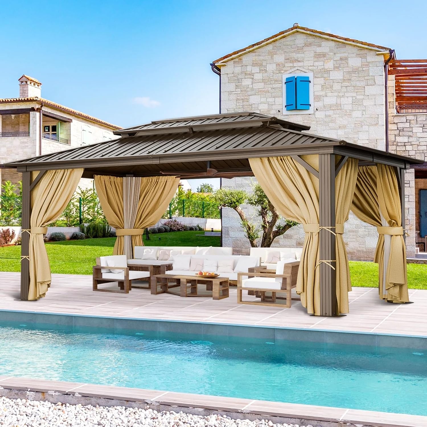 COBIZI 10x15 Hardtop Aluminum Gazebos with Galvanized Steel Double Roof Metal Gazebo with Curtains and Netting Permanent Hardtop Gazebos Steel Gazebo for Backyard, Garden and Patio, Brown